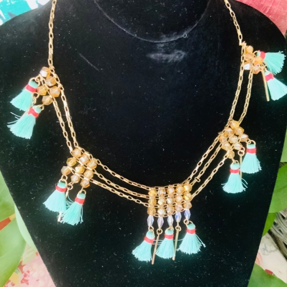 TASSEL FRINGE BEADED STATEMENT NECKLACE BOHO VIBE / GOLD FILAGREE CHAIN NEW - Picture 4 of 6